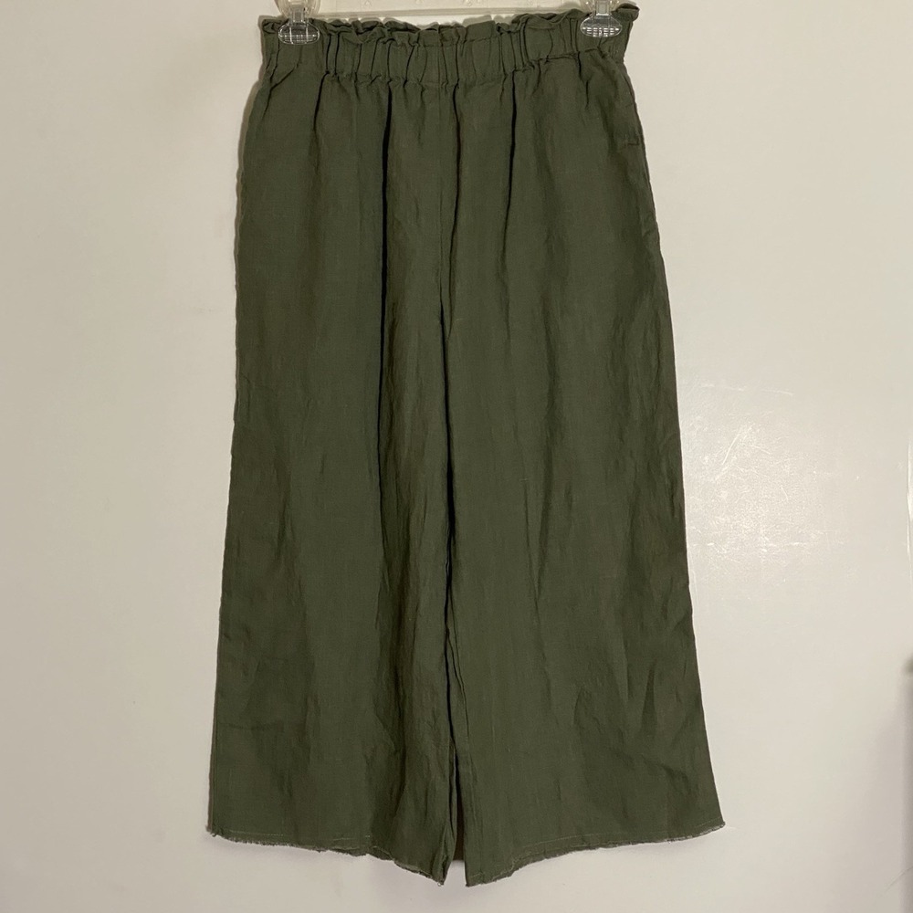 Len Ok Crop Pants Womens Large Olive Green Wide Leg Oversized Lagenlook Coastal